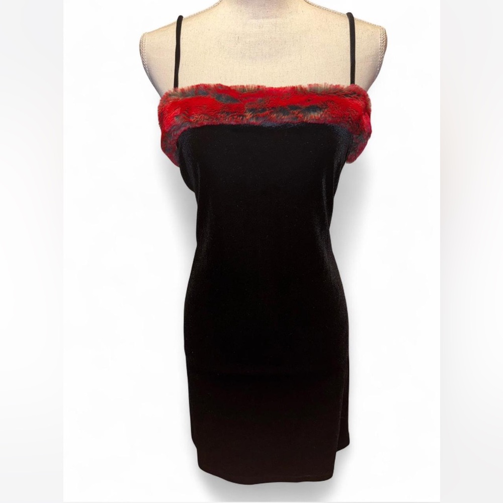 Y2K Status Collection Black Velvet Mini Dress w/ Red Faux Fur Trim
